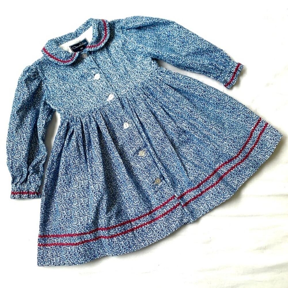 OSCAR DE LA‎ RENTA Girls Corduroy Floral Dress Size 18M Light Blue Red Collard - Picture 4 of 8